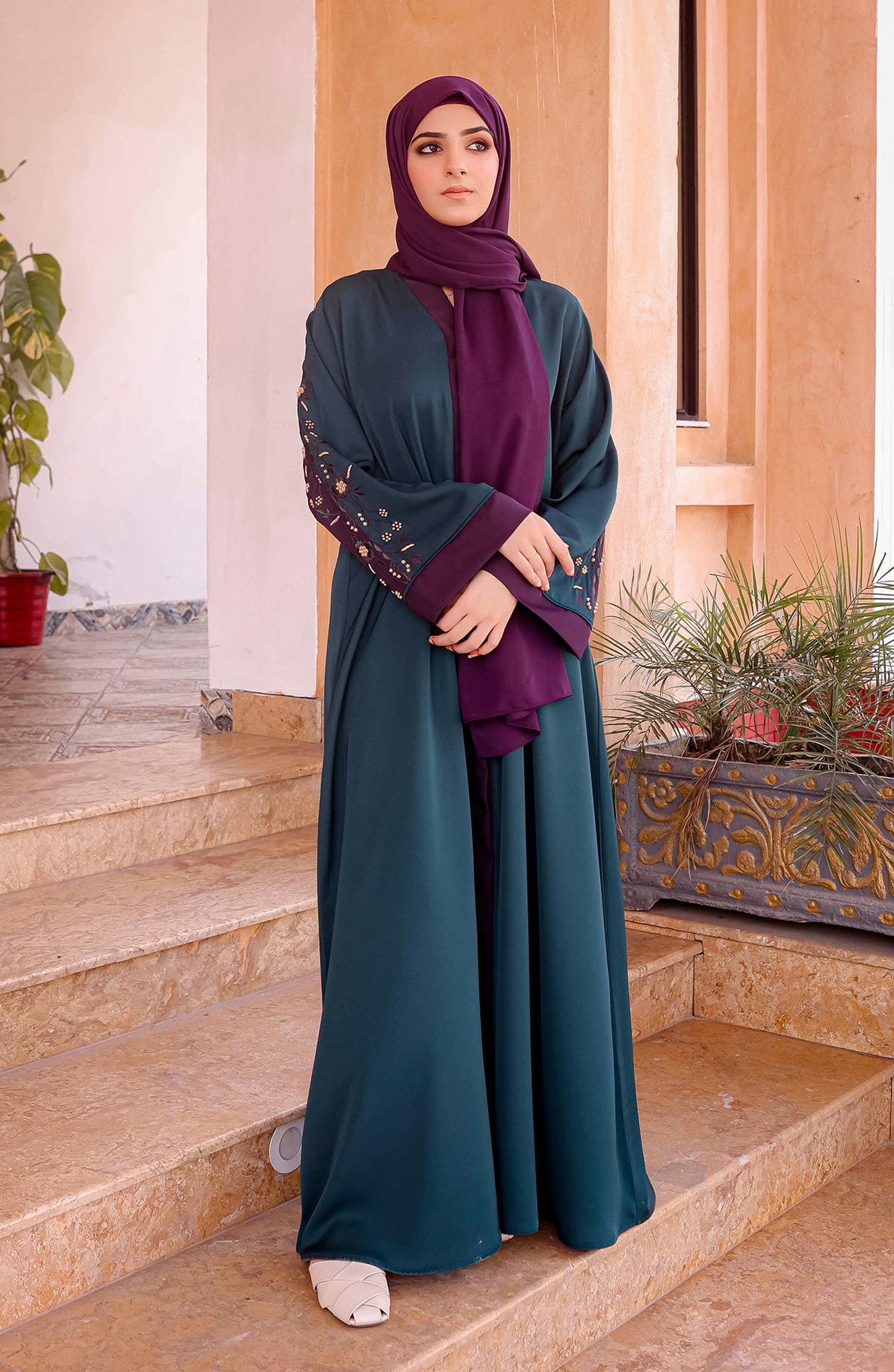 Sea Green Embellished Abaya