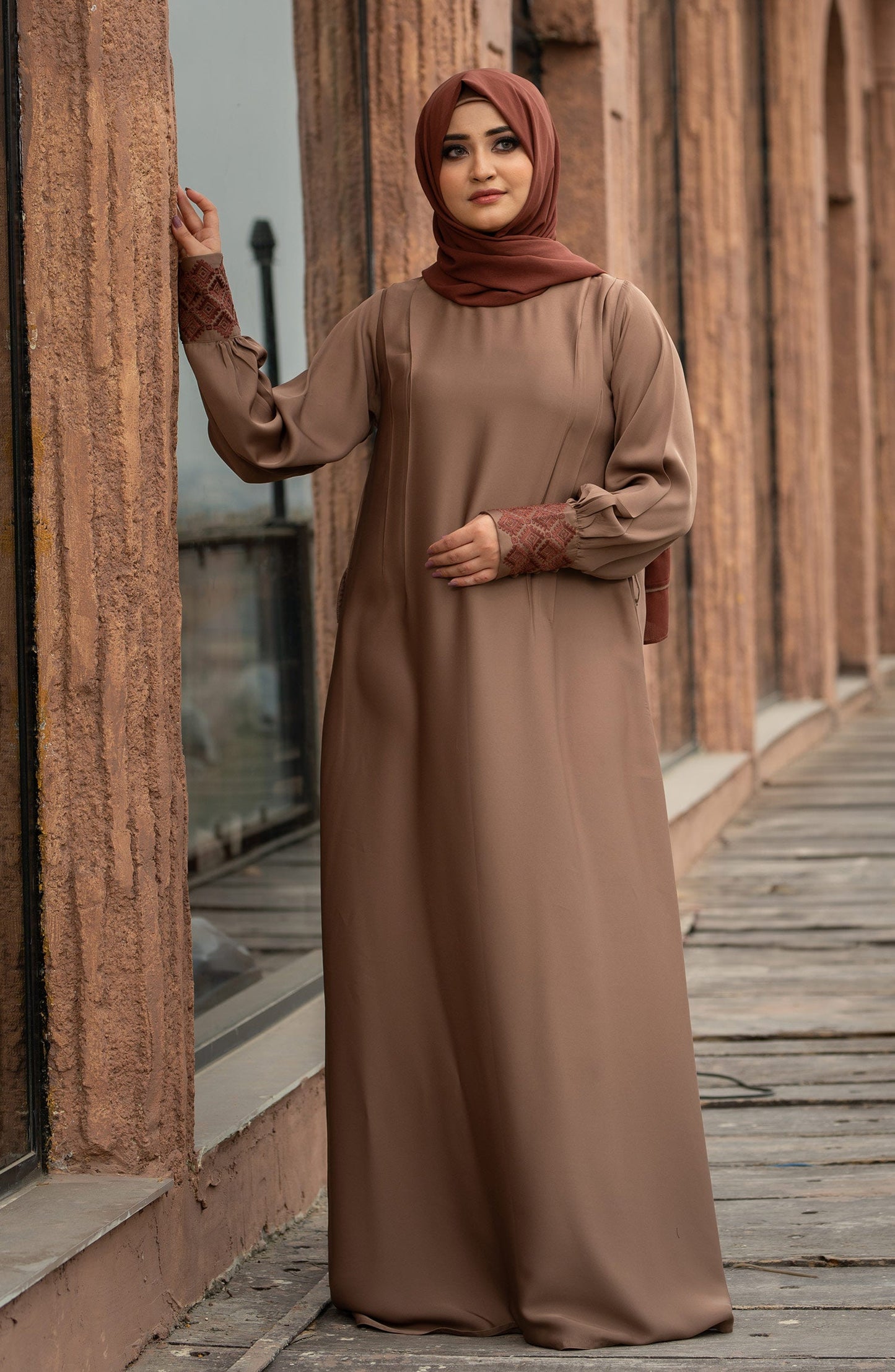 Beige Embroidered Abaya