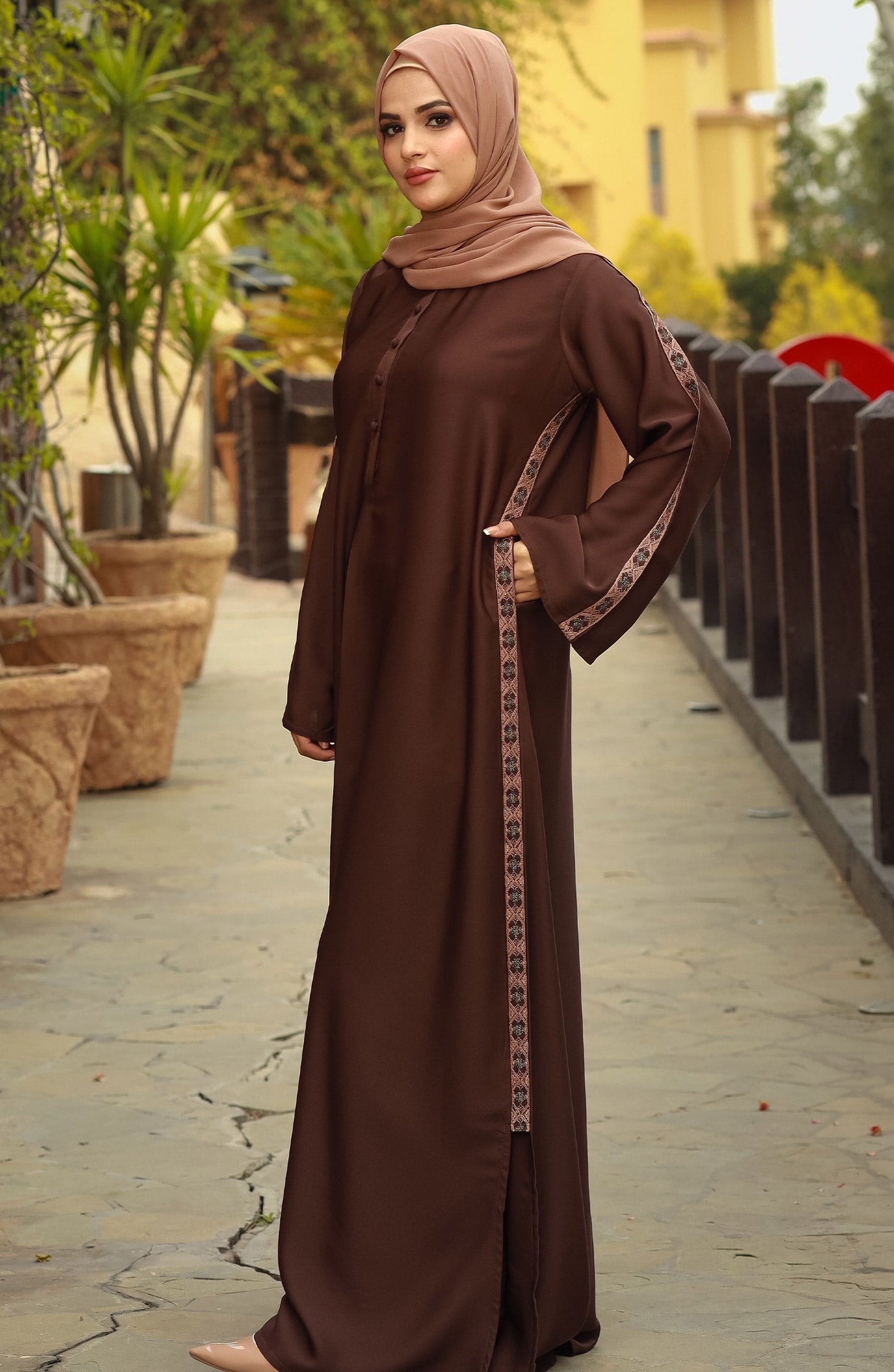 Brown Embroidered Abaya